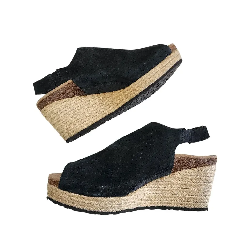 AETREX Womens Sherry Espadrille Wedge Sandal Size 10.5-11 Black Suede Perforated